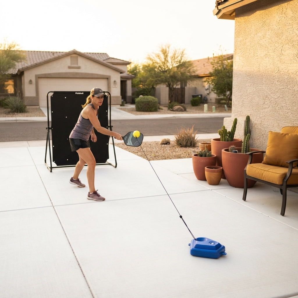 A pickleball player practicing dinks against a rebounder training board on a sunny residential driveway.