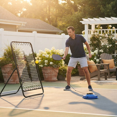 A person practicing pickleball shots solo against a training rebounder board in a sunlit backyard.
