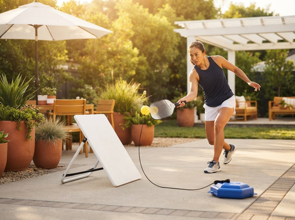 An athlete practicing pickleball shots against a rebounder board in a sunlit, modern backyard.